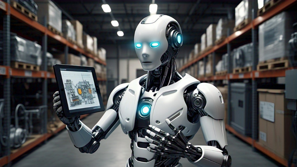 Futuristic warehouse interior with high-tech robots, drones, and AI interfaces actively managing logistics, inventory, and shipping tasks. A large digital control center shows holographic dashboards and data flows. In the foreground, human workers are seen collaborating with AI agents, while some empty workstations highlight the automation of repetitive tasks. The mood is a balance of innovation and transformation, with a subtle focus on the evolving roles of humans and machines. Clean, corporate, and visionary style, ultra-realistic, with a focus on AI integration in logistics.